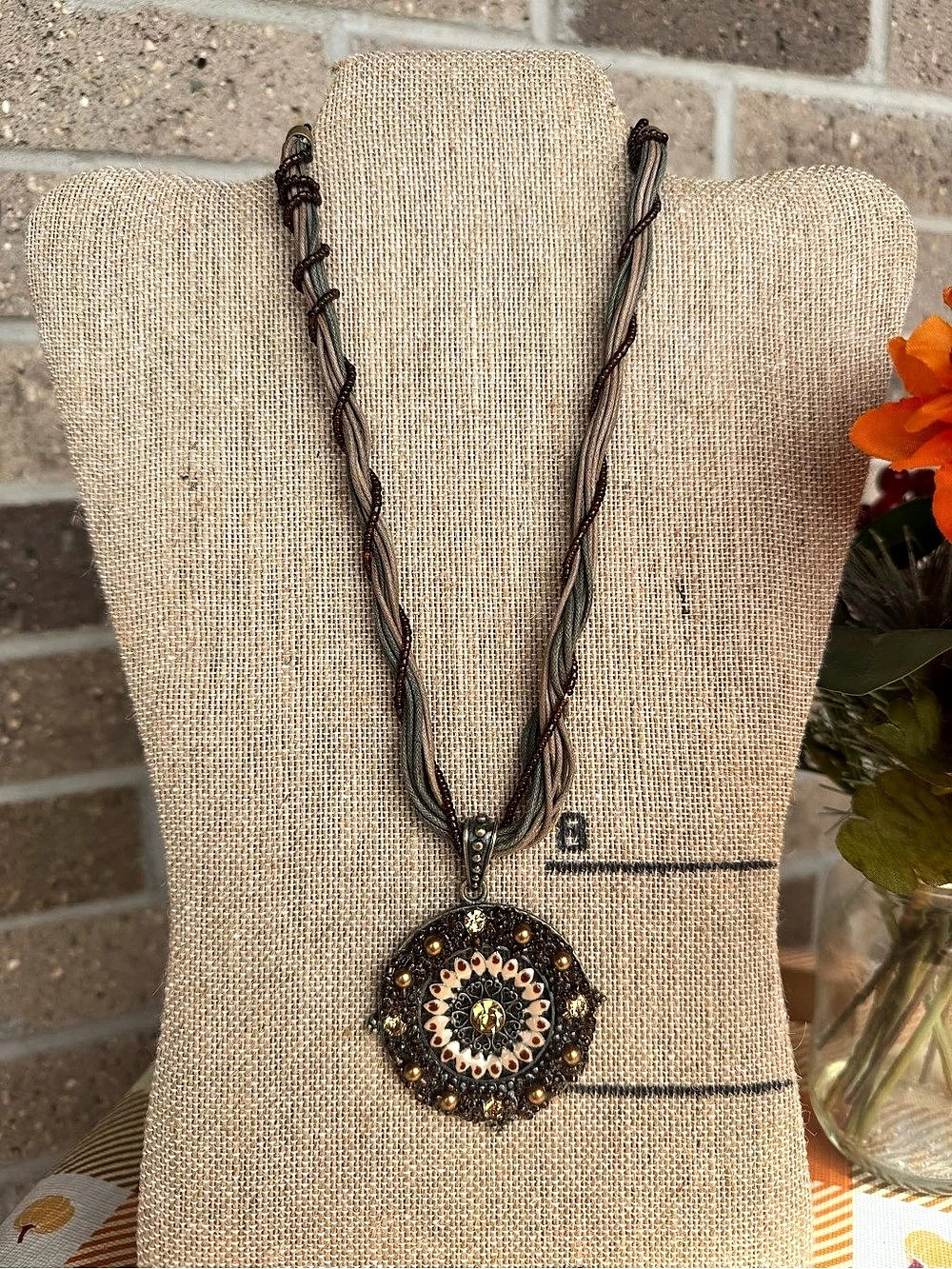 Boho Bronze Mandala Medallion Layered Cord Statement Necklace